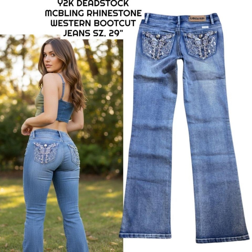 Y2K DEADSTOCK MCBLING WESTERN STUDDED BOOTCUT JEANS SIZE 29"‎ NWOT